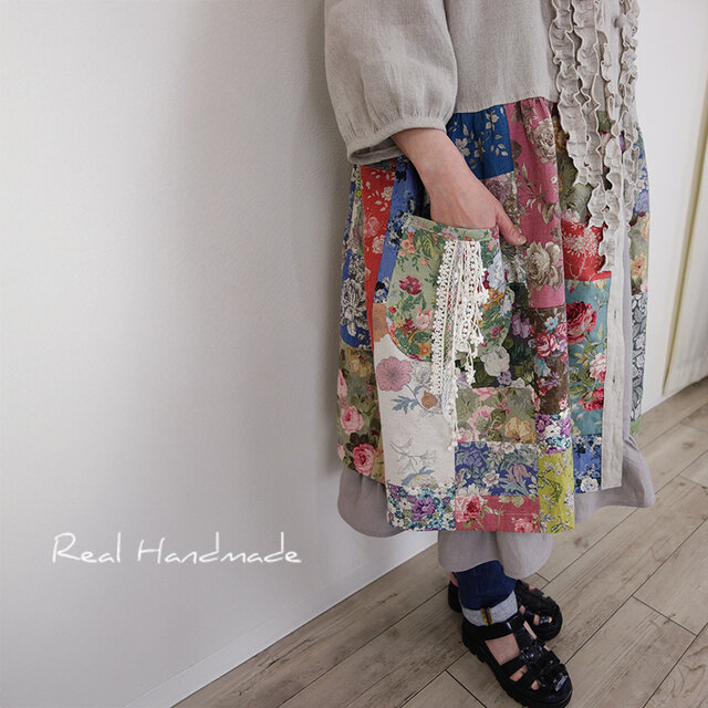 めがねばぁ様リクエスト 慈雨 ストライプ パッチワーク ワンピース 羽織り めがねばぁ様リクエスト 慈雨 ストライプ パッチワーク