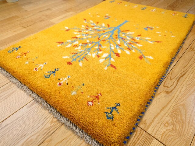 ペルシャ ギャッベ 玄関マット ラグ 88X60㎝ 生命の木 黄金色 ペルシャ ギャッベ 玄関マット ラグ 88X60㎝ 生命の木 黄金色