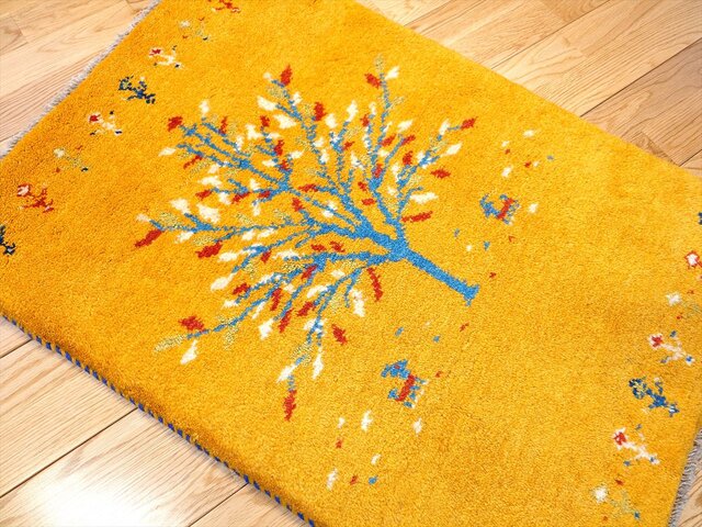 ペルシャ ギャッベ 玄関マット ラグ 88X60㎝ 生命の木 黄金色 ペルシャ ギャッベ 玄関マット ラグ 88X60㎝ 生命の木 黄金色