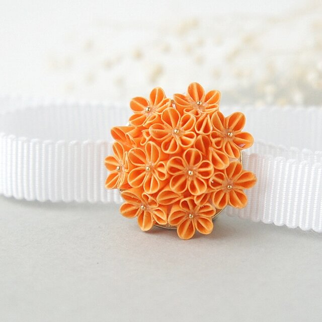 帯留め 「 オレンジ 」 つまみ細工 橙色 オレンジ色 差し色 ビタミン