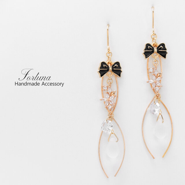 黒色りぼんと揺れる花雫(1268) ピアス/イヤリング/ノンホールピアス/樹脂ピアス