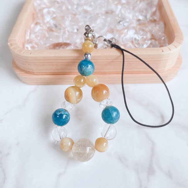 【再販30点以上】金運を呼び込み、安泰へ ゴールデンタイガーアイ ルチルクォーツ アパタイト  天然石 ストラップ No217S