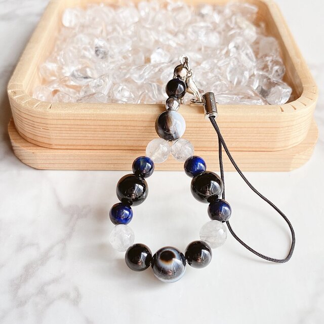 【再販30点以上】悪事や災難から身を守る 天眼石 オニキス ブルータイガーアイ  天然石 ストラップ No29S