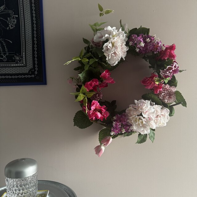 【迫力の５０cm！】１点もののアート！！紫陽花やモーブピンクの花を使った、グラデーションなピンクリース