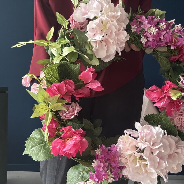 【迫力の５０cm！】１点もののアート！！紫陽花やモーブピンクの花を使った、グラデーションなピンクリース