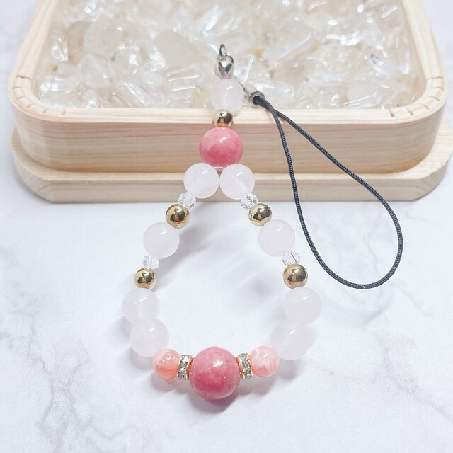 【再販20点以上】相手から好きになってもらえるお守り ロードナイト インカローズ ローズクォーツ 天然石ストラップ No222S