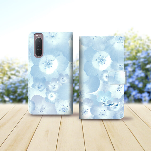 Android シンプル手帳型スマホケース（カメラ穴あり/はめ込みタイプ）【ブルーフラワー（ネモフィラ）】