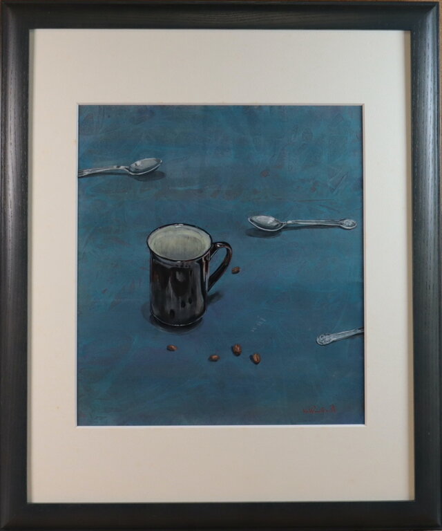 アクリル「黒いコーヒーカップと３つのスプーン」