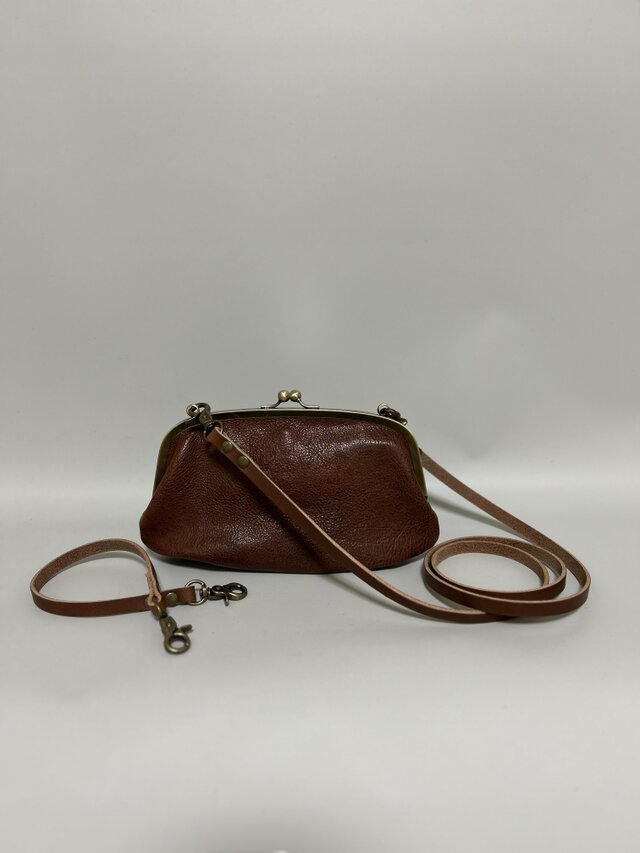 姫路レザー携帯も入る親子がま口◆焦げ茶　2wayタイプ　スマホショルダー　ポシェット　送料無料