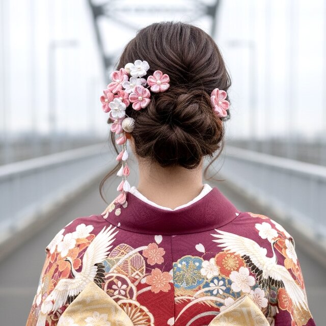 つまみ細工　髪飾り　成人式　和婚　結婚式　卒業式　和装　　振袖　袴　色打掛　ちりめん髪飾り　前撮り　753  サクラ　OHANA