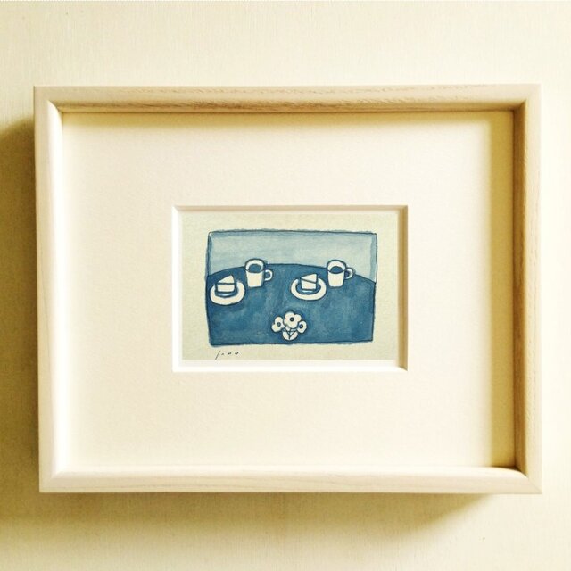 青いドローイングの絵画｜水彩　※木製額縁入り（インチサイズ）
