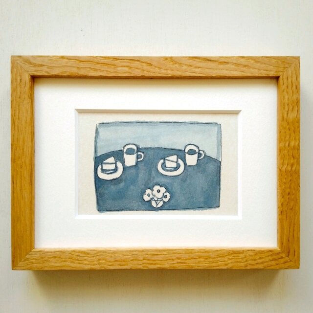 カフェ」原画 イラスト ※木製額縁入り（2Lサイズ）水彩 ドローイング
