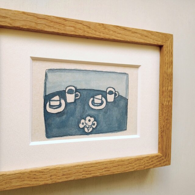 カフェ」原画 イラスト ※木製額縁入り（2Lサイズ）水彩 ドローイング