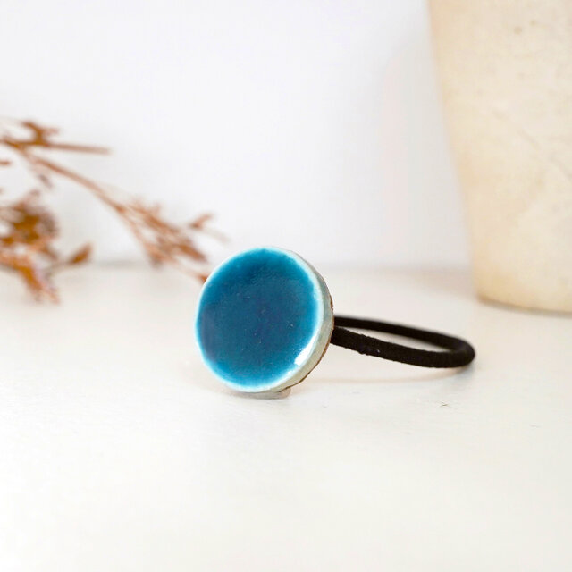 TH-97 美濃焼　タイルのヘアゴム　ミッドナイトブルー　【 裏面レザー加工 】