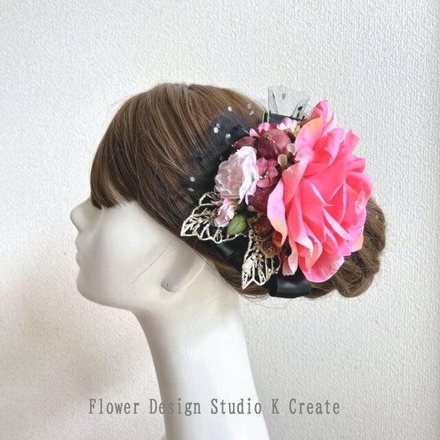 ピンクローズとカーネーションのヘアクリップ　ピンク　ヘアクリップ 　バラ 　フラメンコ　フローレス 　髪飾り 　発表会　ダンス