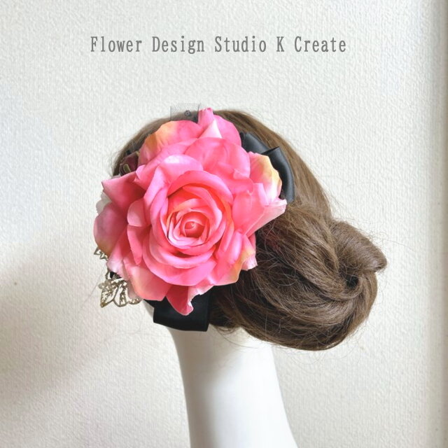 ピンクローズとカーネーションのヘアクリップ ピンク ヘアクリップ