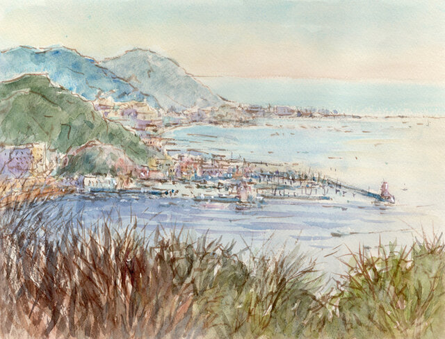 水彩画原画 披露山から葉山マリーナ方面遠望 ＃661 絵画 syoumei
