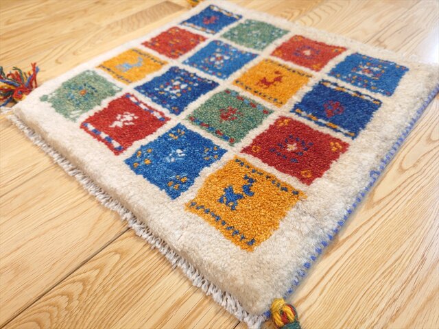 ペルシャ ギャッベ ミニマット ラグ 横40x40㎝ パネル柄 青 垢 黄 緑
