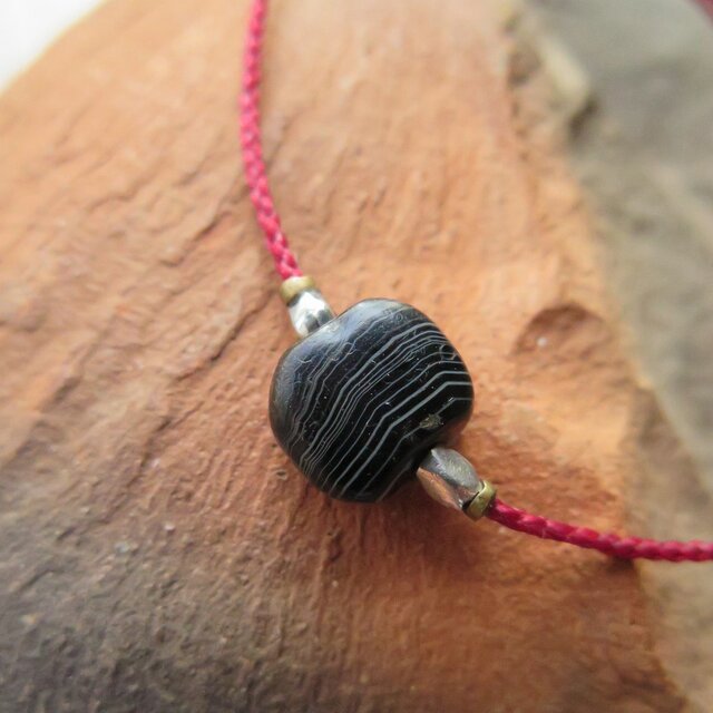 アンティーク　古代瑪瑙　黒　平縞　＋　銀　＆真鍮　ブレスレット　千世 chitose