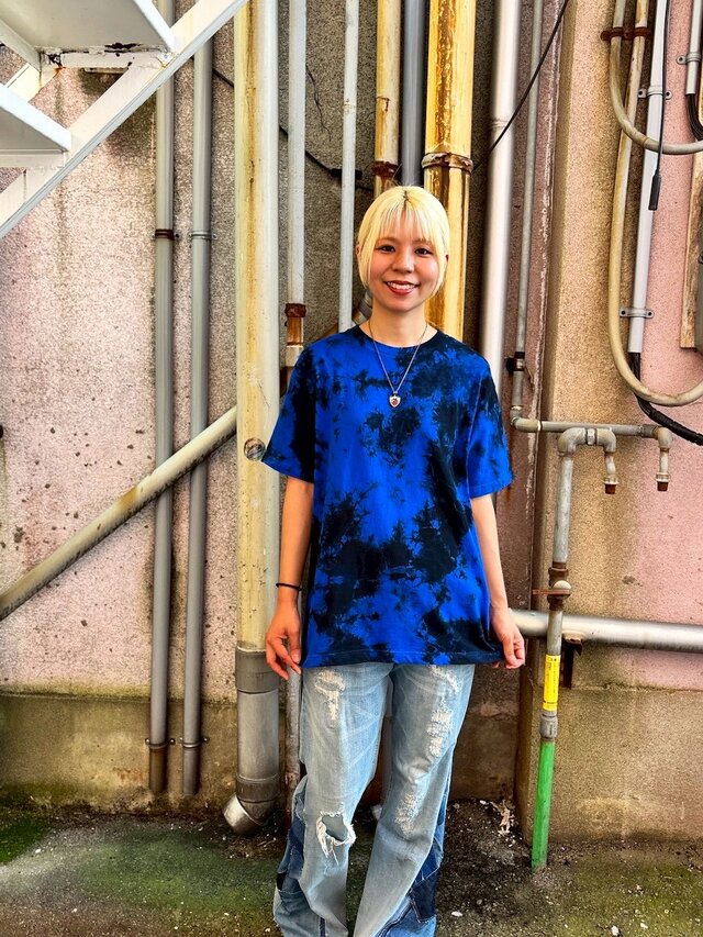 タイダイ Tシャツ Lサイズ ブラック×ブルー ムラ染め Hippies Dye HD23
