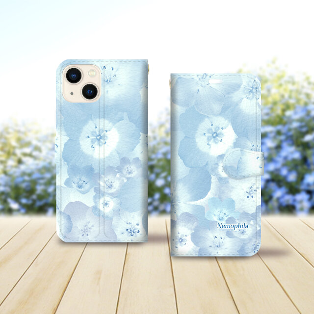 iPhone専用 手帳型スマホケース （カメラ穴あり/はめ込み式/スタンド機能付き）【ブルーフラワー（ネモフィラ）】