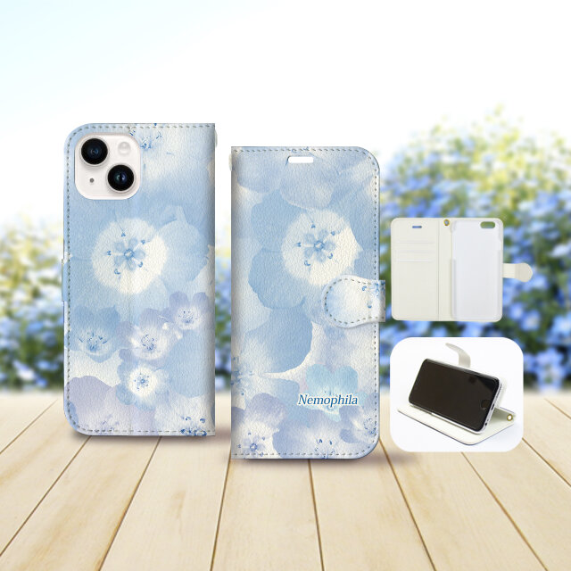 iPhone専用 手帳型スマホケース 【内側色：ホワイト仕様】カメラ穴有【ブルーフラワー（ネモフィラ）】