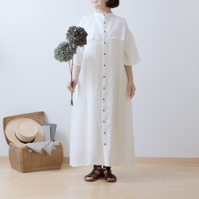ヨークレイヤーフレアハーフスリーブリネンワンピース/オフホワイト