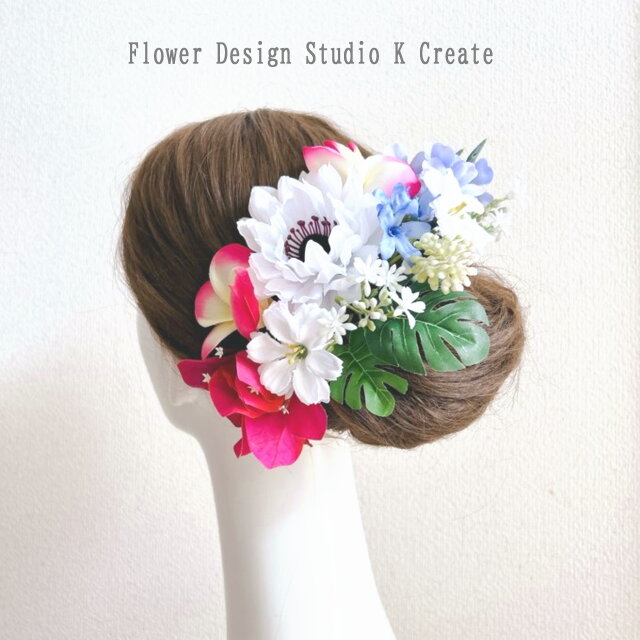 白いダリアとプルメリアのヘッドドレス リゾ婚 ウェディング 髪飾り