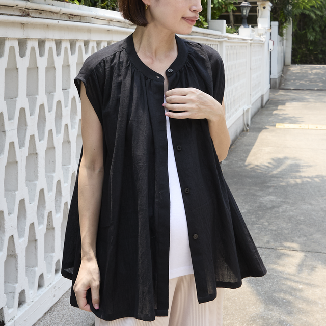 サラッと軽くて通気性◎ ライトコットン ノースリーブ シャツ　ブラック　0675BK