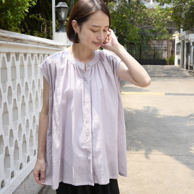 サラッと軽くて通気性◎ライトコットン ノースリーブ シャツ　シルバーグレー　0675Grey