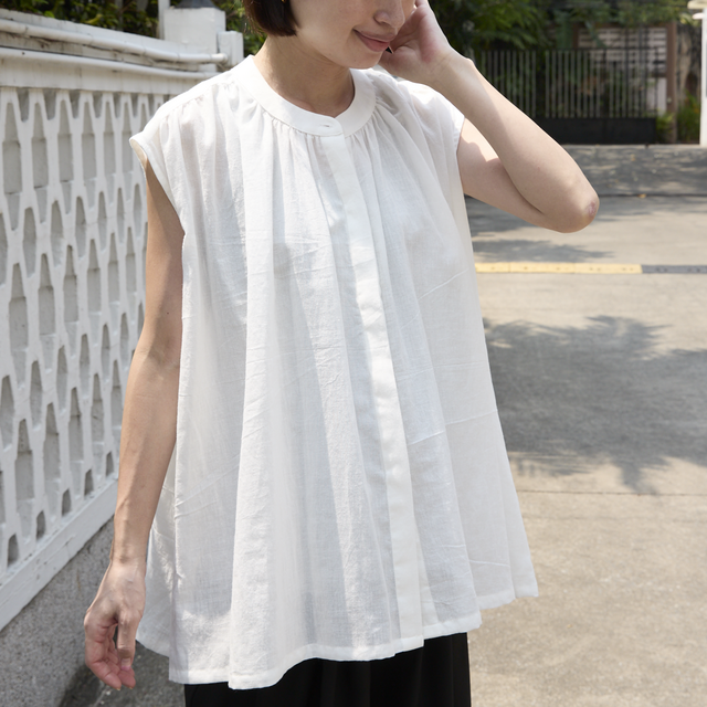 サラッと軽くて通気性◎ ライトコットン ノースリーブ シャツ　ホワイト　0675WH