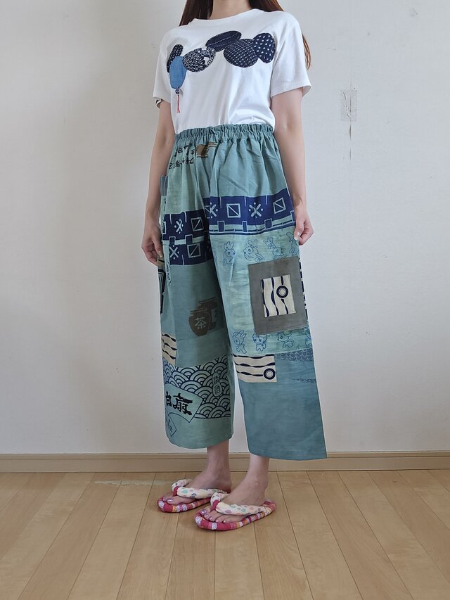 古布墨染め手ぬぐいリメイクバルーンぱんつデカサイズレトロ 古布墨染めリメイクパンツ家紋のぼり旗墨染め一点物