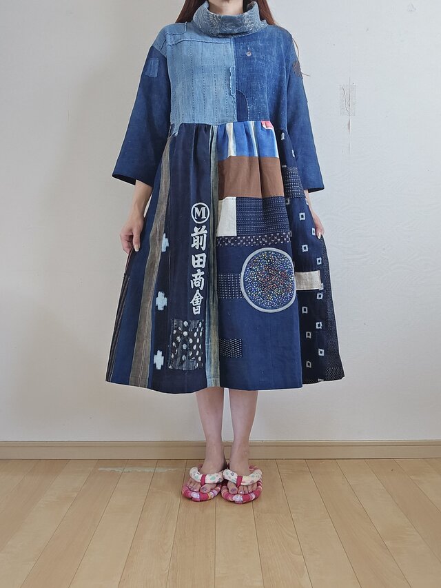 着物リメイク 手作り BORO (襤褸) パッチワーク ワンピース
