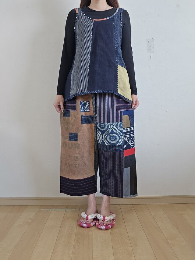 着物リメイク　手作り　麻　パッチワーク　ベスト