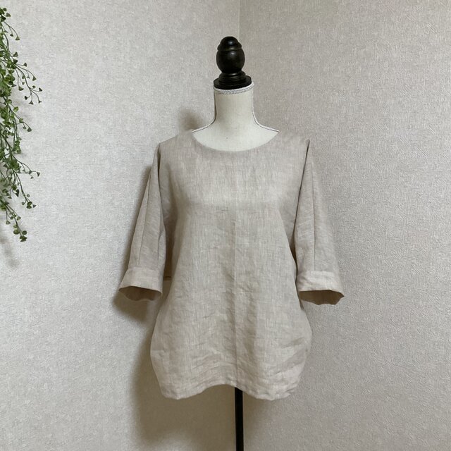 リネン100%カフスドルマンプルオーバー　薄ベージュ