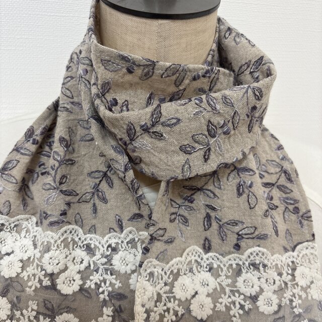 ハンドメイド◆ストール広幅リネン生成り紫の実刺繍リーフフリンジレース金沢リネン