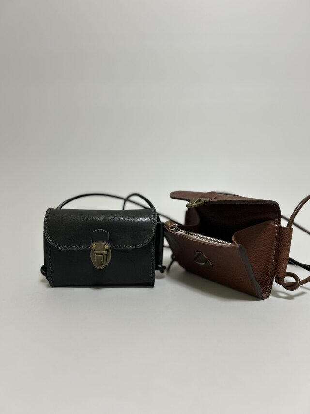 姫路レザーmini長財布ポシェット◆黒　スマホショルダー　ポシェット　サコッシュ