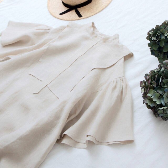 ヨークレイヤーフレアハーフスリーブリネンワンピース/ベージュ