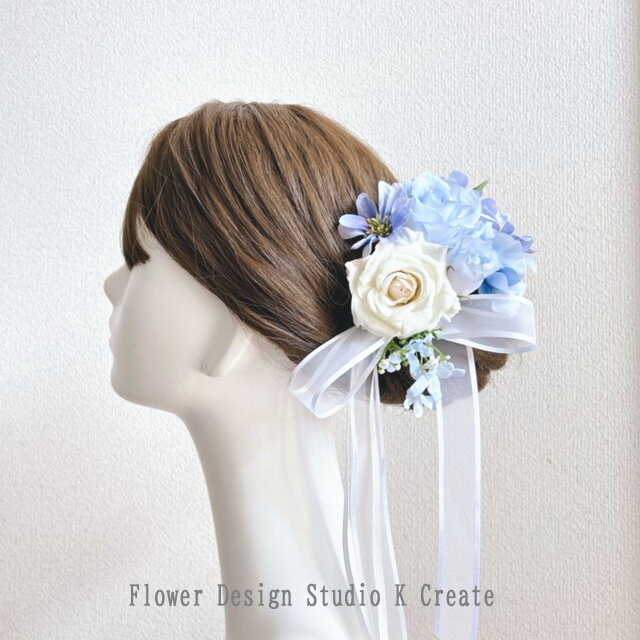 flua フルア ヘッドドレス スイートピー ウェディング 水色の薔薇とスイートピーのヘッドドレス ウェディング 髪飾り