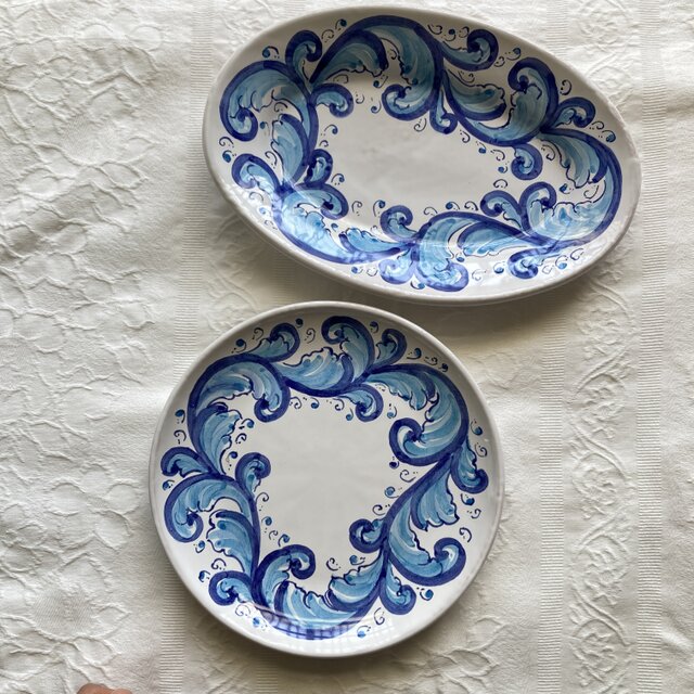 【本日限定お値下げ】 イタリア　アンティーク　マヨリカ焼　グッピオ陶器　花入 丸皿20cm マヨリカ焼き イタリア陶器 barocco blu PIA016