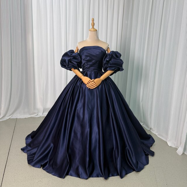 カラードレス ネイビー パフスリーブ 光沢サテン プリンセスライン 結婚式 編み上げ エレガント