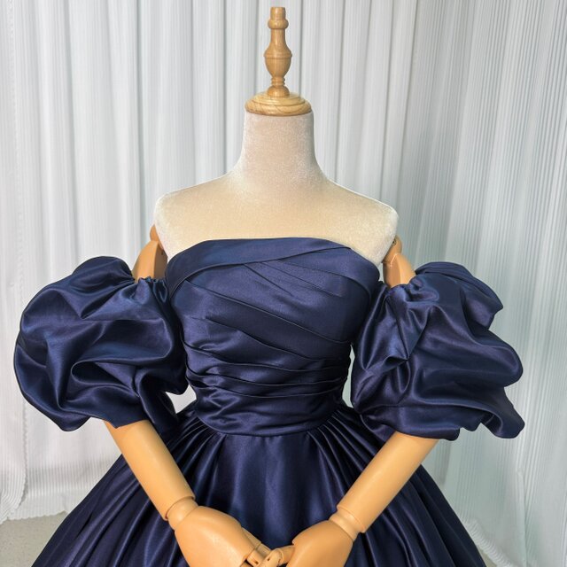 callas♡上品なネイビーサテンドレス オーガンジーサテン バックトレーンドレス ネイビー（W329）