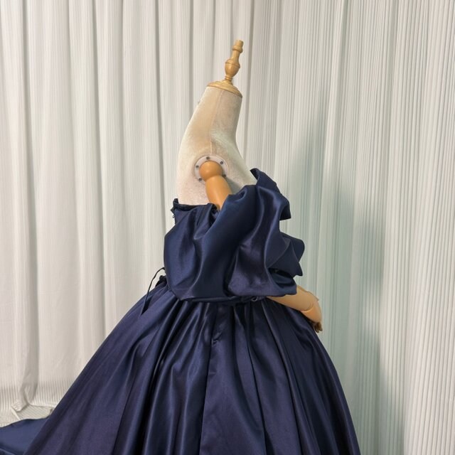 カラードレス ネイビー パフスリーブ 光沢サテン プリンセスライン