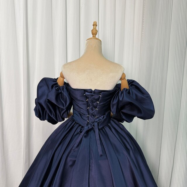 カラードレス ネイビー パフスリーブ 光沢サテン プリンセスライン