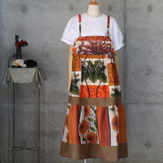 夜具地のキャミソールワンピース/　L　 着物リメイク　　