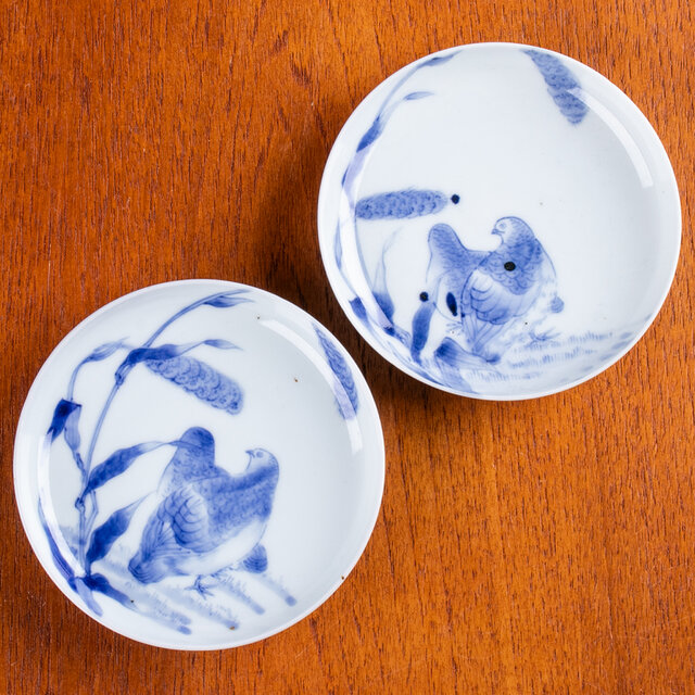 平戸焼 染付鶉文小皿 2客セット