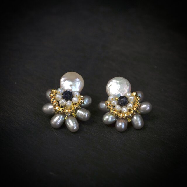 [JPN] 天然石ビジューピアス・淡水パール