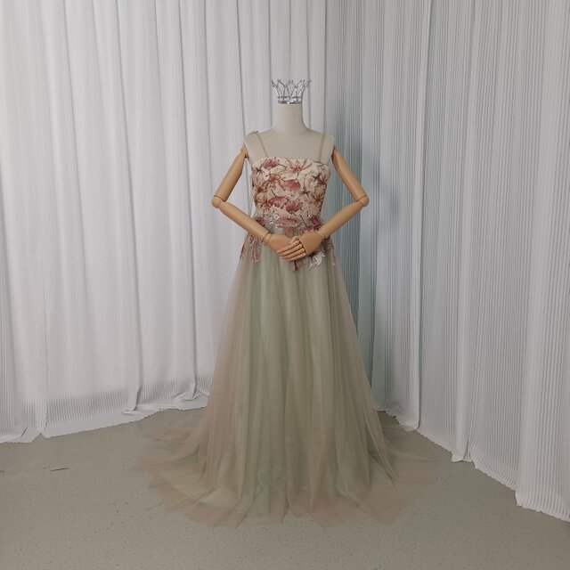 カラードレス ライトグリーン ベージュ キャミソール リーフ刺繍 2次会 ファスナー