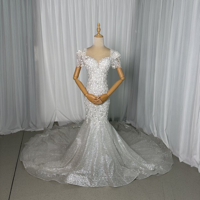 豪華！ウエディングドレス 韓国風ドレス グリッタードレス 半袖 マーメイドライン ハンドメイド 結婚式 花嫁
