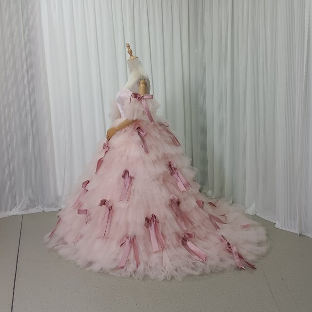 美品！カラードレス ピンク ベアトップ フリル袖 ボリュームドレス